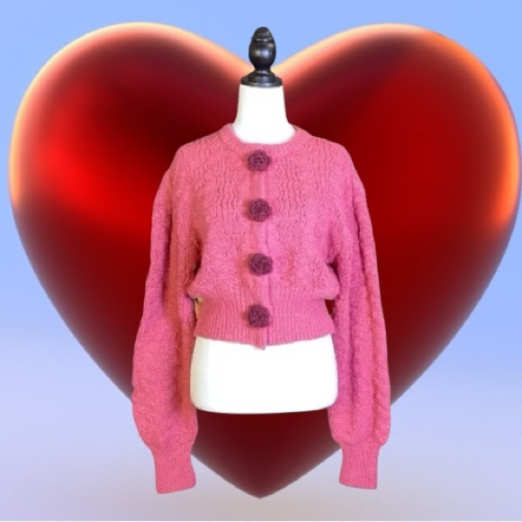 Urban Outfitters Sweaters - Urban Outfitters Kimchi Blue NWT Pink Cropped Cable Knit Rosette Cardigan M
